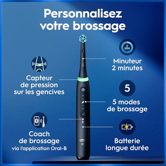 Detalle de Oral-B iO 5 noire : brosse à dents électrique iO 5 avec 5 modes, capteur de pression et étui de voyage