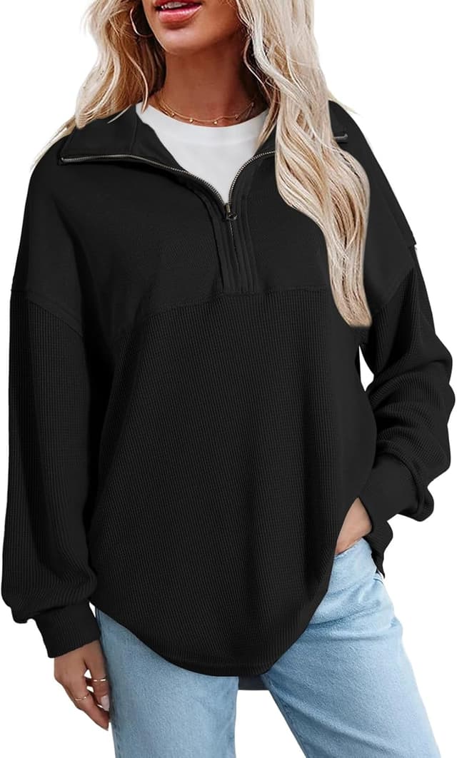 Detalle de SHEWIN Women’s Waffle Knit Half-Zip Sweatshirt (Waffle Texture Pullover)