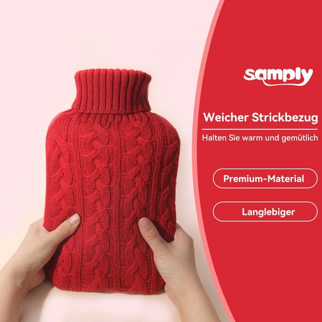 Detalle de samply Wärmflasche mit Bezug (2L) – weicher Premium-Strickbezug in Knallrot
