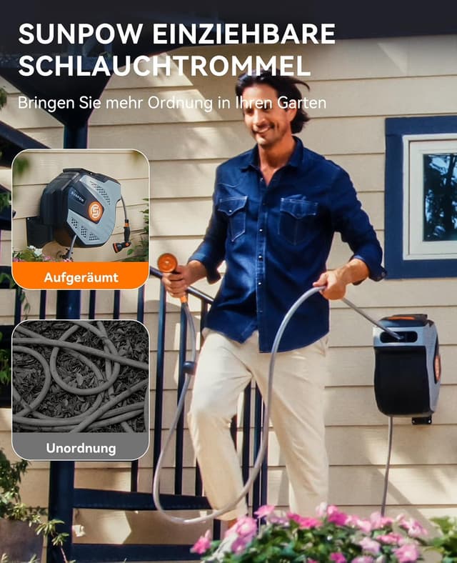 Detalle 2 de SUNPOW Wand-Schlauchbox RollUp 25 m mit 10-Funktions-Sprühdüse, 180° schwenkbar & automatischem Aufrollsystem (Grau)