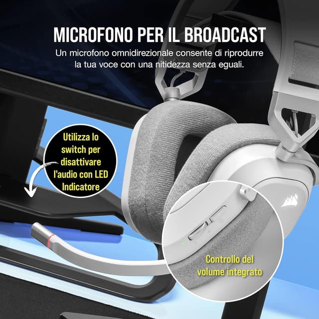 Detalle de CORSAIR HS80 RGB Wireless: cuffie da gioco multipiattaforma con Dolby Atmos e microfono omnidirezionale