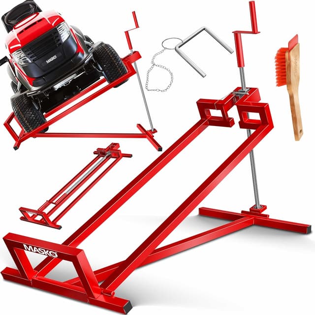 Detalle de MASKO® XXL Rasentraktorheber bis 450 kg – verstellbare Hebevorrichtung mit Neigung und Bürste