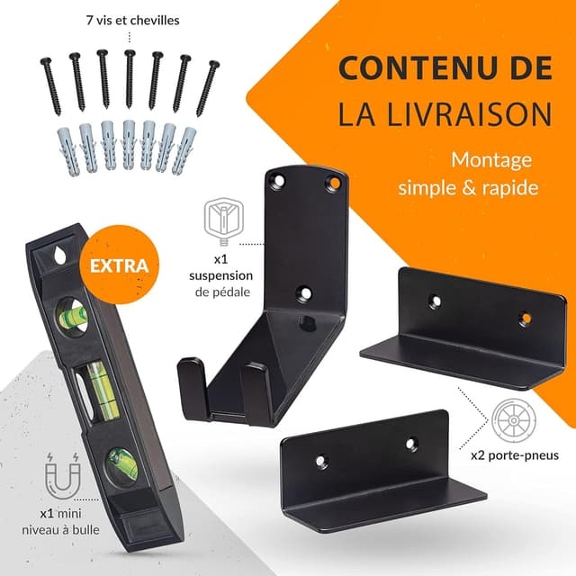 Detalle 2 de Upgrade4cars Support Velo Mural Horizontal Noir (fixation murale) pour VTT, route et BMX