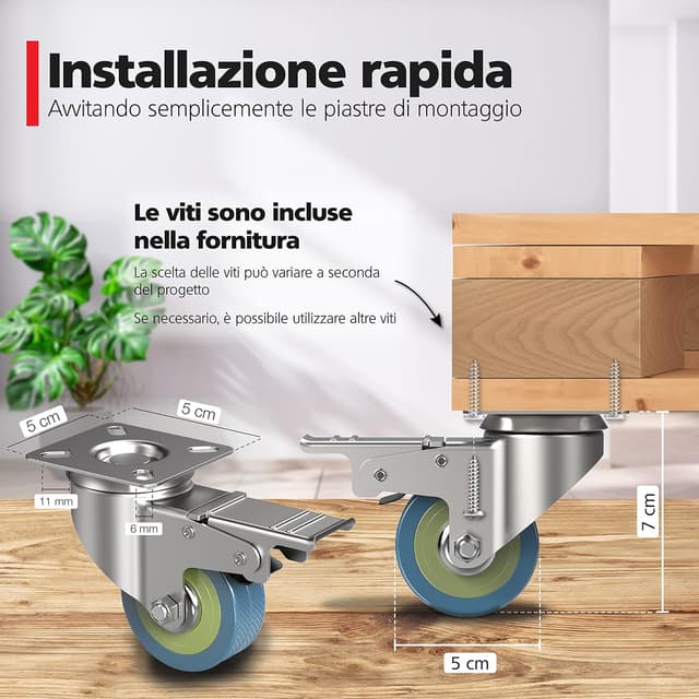 Detalle de Set RAVN HAMAN di 4 ruote per mobili da 50 mm con freno, girevoli fino a 50 kg per ruota