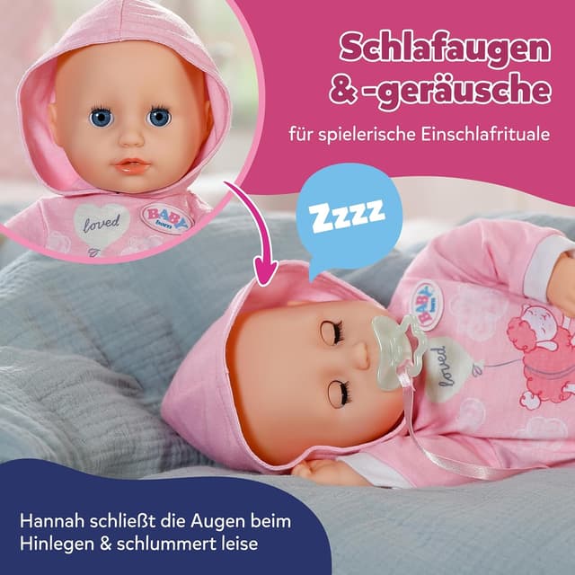 Detalle de BABY born Hannah Spiel mit Mir – Babypuppe mit 5 Funktionen, weicher Stoffkörper und Zubehör, 36 cm
