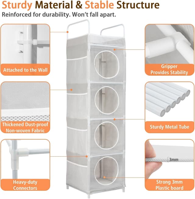 Detalle 1 de AXHOP 5-Tier Teddy & Toy Storage Unit (42 x 42 x 162cm) with 8 Side Mesh Pockets – Grey