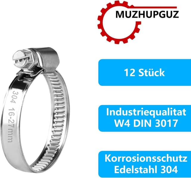 Detalle de MUZHUPGUZ 12er Schlauchschellen Set aus 304-Edelstahl, einstellbar 16–27 mm