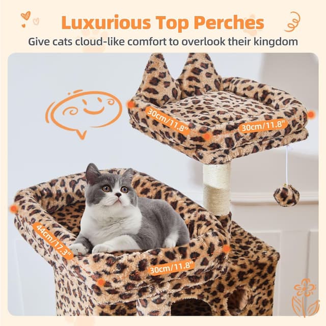 Detalle 2 de Taoqimiao 180 cm Kratzbaum groß mit 2 Katzenhäusern, Hängematte, Korb und 8 Kratzsäulen (Leopardenmuster)