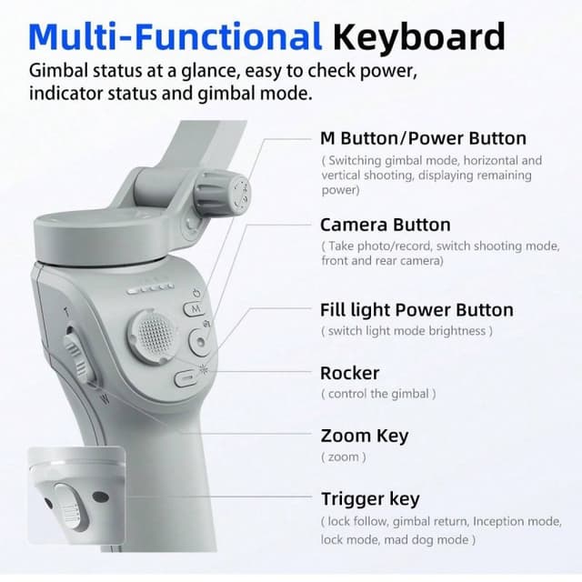 Detalle de Klack M01 Estabilizador gimbal 3 ejes con luz de relleno