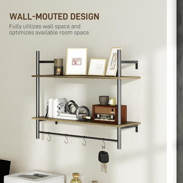 Detalle de HOMCOM Floating Shelves wall-mounted shelf with 4 hooks (80cm) in grey
