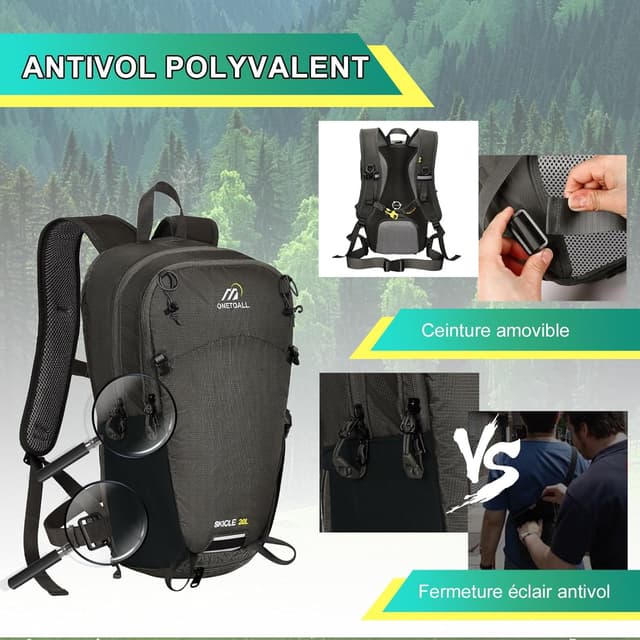 Detalle de ONETOALL Sac à Dos Vélo 15L avec couvre-casque, housse de pluie et fermeture antivol