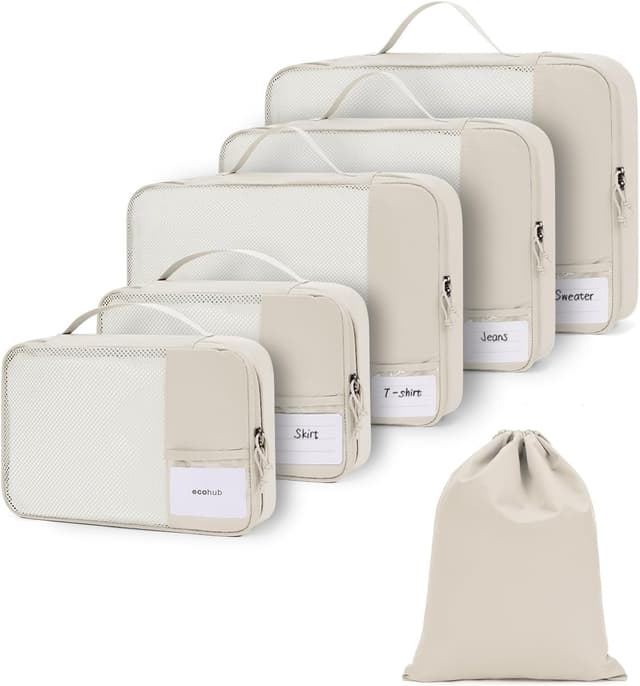 Detalle de ECOHUB Koffer Organizer Set mit 6 Packing Cubes, ID-Tag und Mesh-Top (beige)