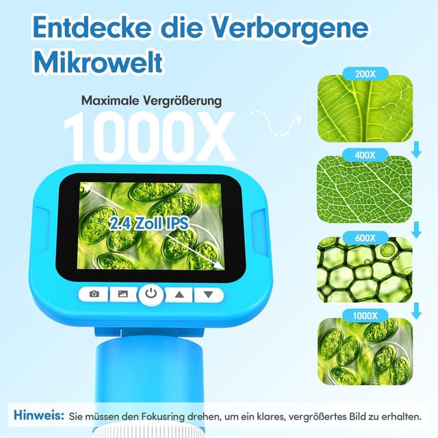 Detalle de FINIBO Digitales Mikroskop für Kinder 1000X mit 2,4" Bildschirm und USB Foto-/Videoaufnahme