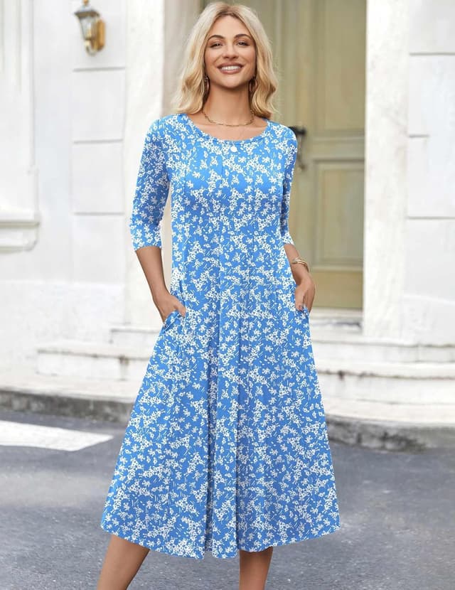 Detalle 2 de HOTOUCH Women’s 3/4 Sleeve A-Line & Flare Midi Dress with Swing Hem