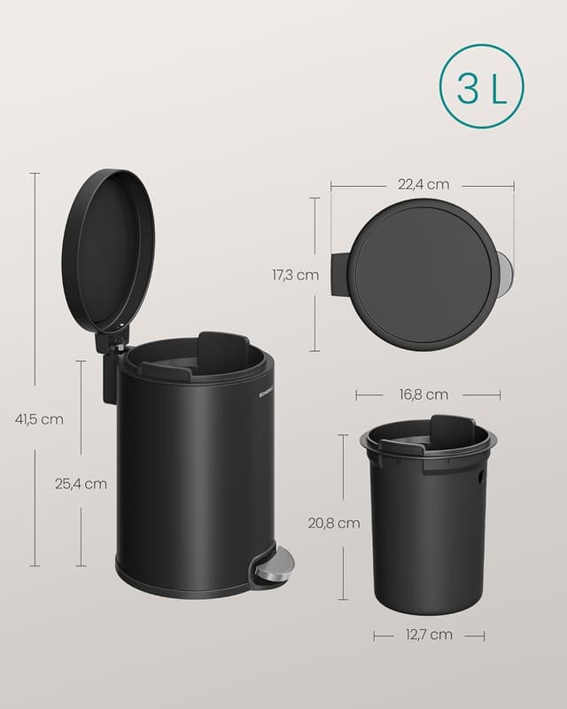 Thumbnail 6 de SONGMICS Cestino da Bagno a Pedale LTB013BZ01 da 3 L in acciaio nero, con coperchio a chiusura morbida
