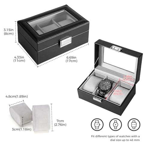 Detalle de ProCase caja para 3 relojes con tapa de cristal y cojín extraíble (negro)