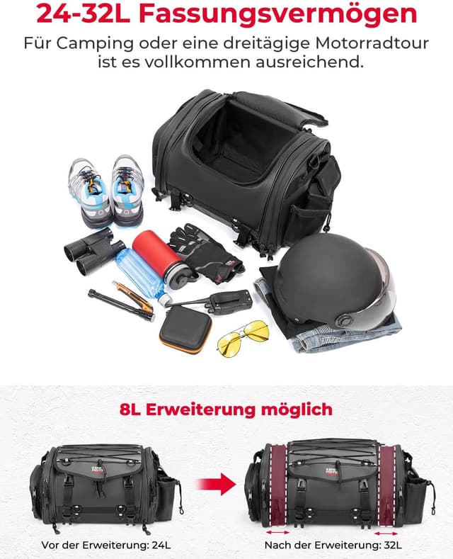 Detalle de KEMIMOTO Borsa Posteriore Moto espandibile 24-32L impermeabile con copertura antipioggia e zainetto removibile, nero