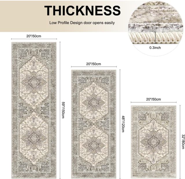 Detalle de Yamaziot Boho Washable Kitchen Rugs Set of 3 (Non-Slip, Rubber Backing, Waterproof & Stain Resistant)