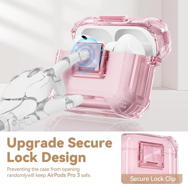 Detalle de Wowwat AirPods Pro 3 Case (2025) with Safety Lock, Clear Soft TPU Cover + Bling Keychain & Cleaner Kit (Clear Pink)