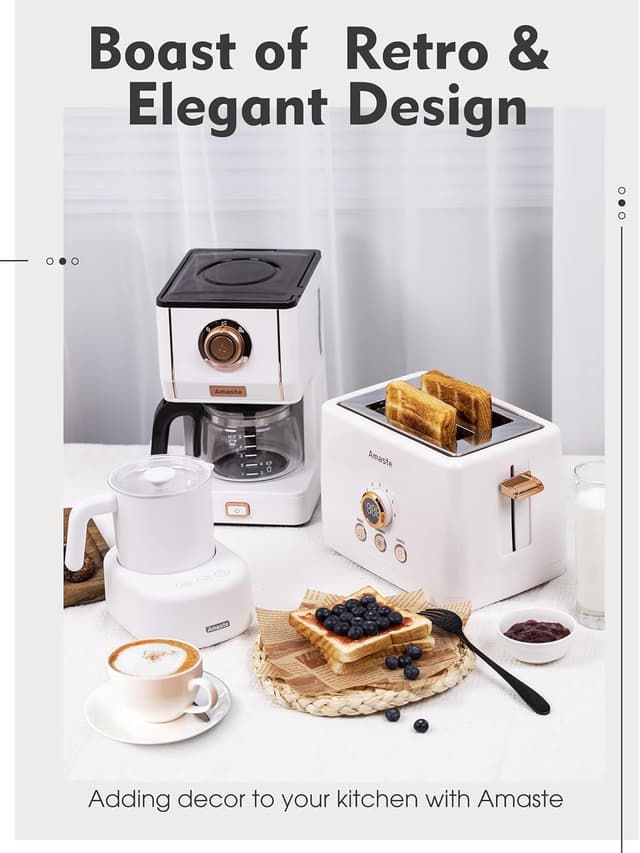 Detalle de Amaste Retro Style Coffee Machine with 25 Oz Glass Carafe, Reusable Filter & 3 Brewing Modes (White with Rose Gold)