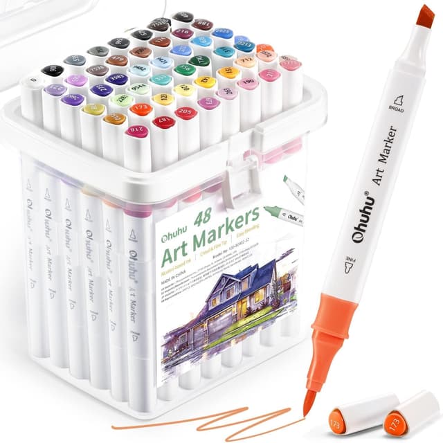 Detalle de Ohuhu Alcohol Markers (48 Colour Brush Pens) – Double Tipped Brush & Chisel for Adult Colouring and Sketching