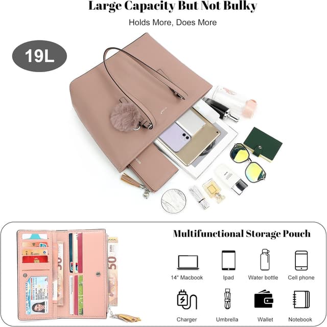 Detalle de TANTOMI Women’s Tote Bag for 15.6-Inch Laptop with Detachable Wallet & Card Holder