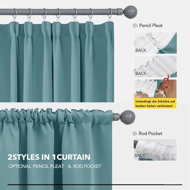 Detalle de Deconovo tende oscuranti con fettuccia e isolamento termico, 2 pannelli 140x175 cm, blu cielo, certificato OEKO-TEX