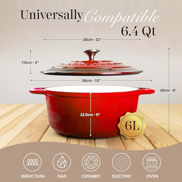 Detalle de Nuovva enamelled cast iron Dutch oven with lid (6.4 quart / 28cm) – oven-safe up to 500°F, red