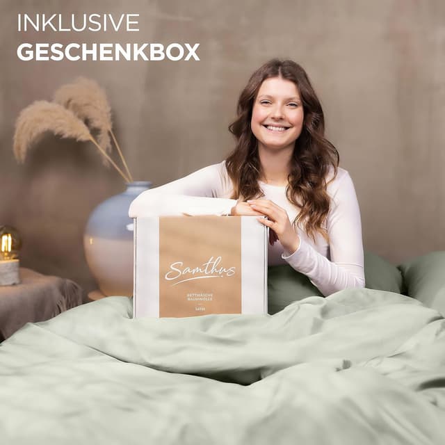 Detalle de Samthus Kopfkissenbezug 70x90 aus Baumwolle-Satin, Oeko-Tex Made in Green – Grün