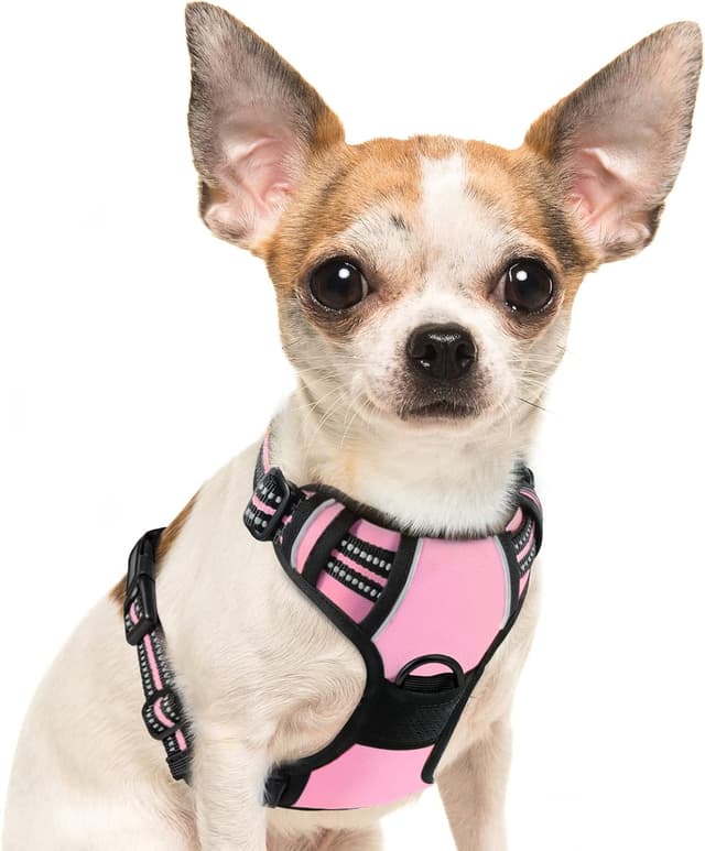 Detalle de Eagloo Dog Harness Small Dog (Pink, Size S) – Adjustable soft padded vest with front no-pull clip and reflective strips