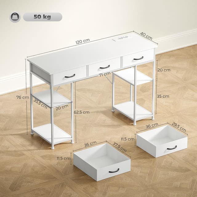 Detalle de HOMCOM Bureau d’ordinateur blanc 120 x 40 cm avec station de charge USB et 3 tiroirs en tissu