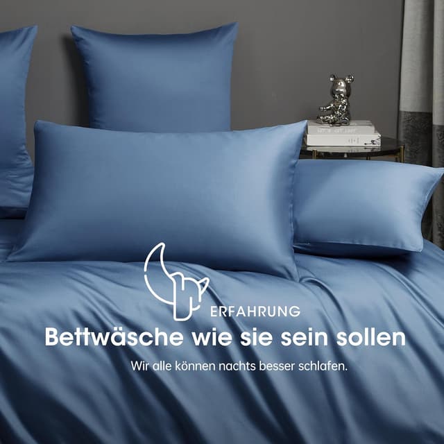 Detalle de Luofanfei Mako Satin Baumwolle Bettwäsche-Set 155x220 Blau kühlend, glatt (1 Bettbezug + 2 Kissenbezüge 80x80)