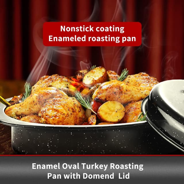 Detalle de JY COOKMENT Granite Roaster Pan (Small, 13") with Domed Lid – Enamel Enameled Oval Roasting Pot for Small Turkey/Chicken