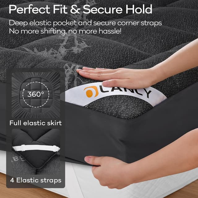 Detalle 2 de OLANLY King Mattress Topper with Bamboo Viscose Cooling Comfort (Pillow Top, Deep Pocket) – Dark Gray