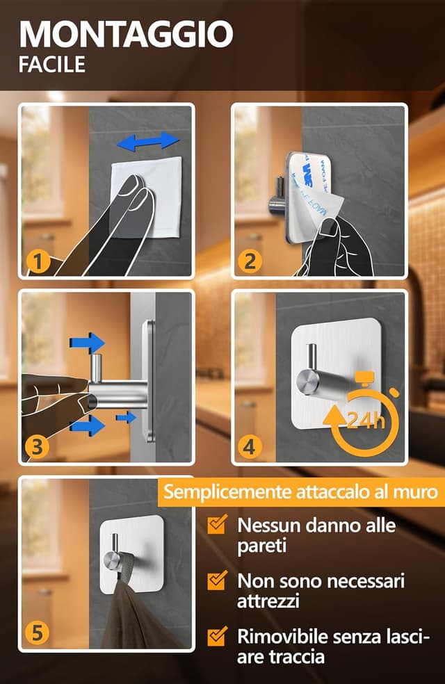 Detalle 2 de 4smile ganci adesivi in acciaio inox SET 6 porta asciugamani antiruggine da parete (argento)