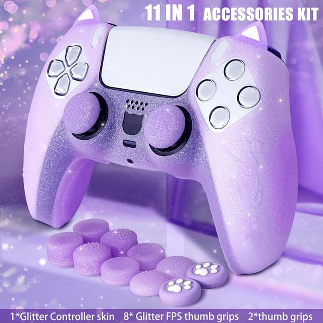 Detalle de HLRAO Purple Cat Glitter anti-slip silicone controller skin & thumb grips for PS5 (8 PCS)