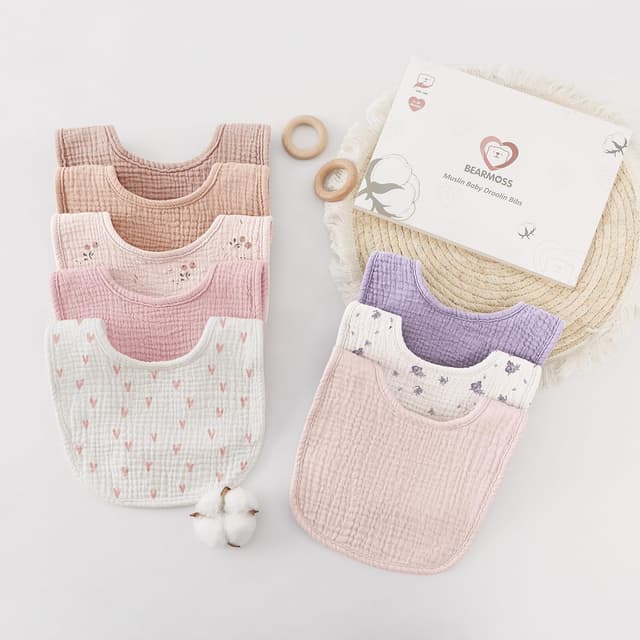 Detalle de Bearmoss Muslin Baby Dribble Bibs (100% Cotton) – Pack of 8 Bandana-Style Dribble & Teething Bibs