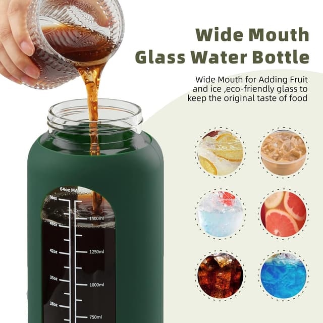 Detalle 1 de Glass Water Bottle with Straw and Handle Lid (Half Gallon / 74oz) – Time Marker Motivational Reusable Jug