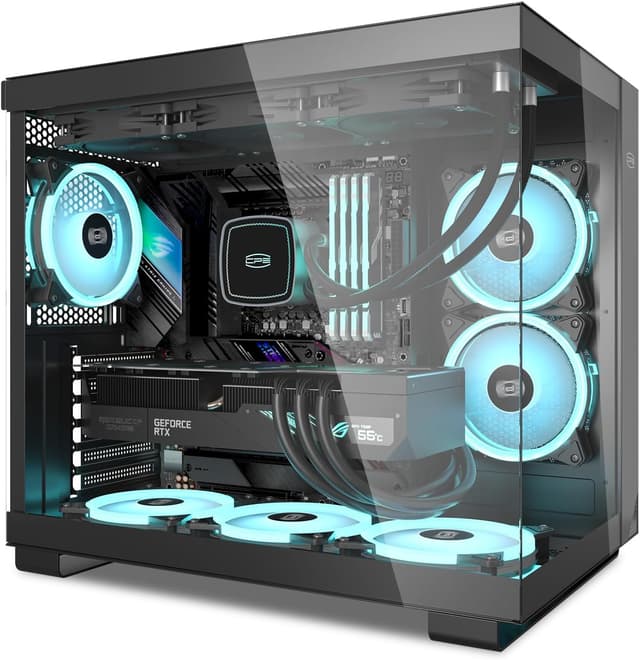 Detalle de PCCOOLER CPS T500 : boîtier PC ATX mid-tower avec 6 ventilateurs ARGB 120 mm, panneau verre trempé et USB Type-C