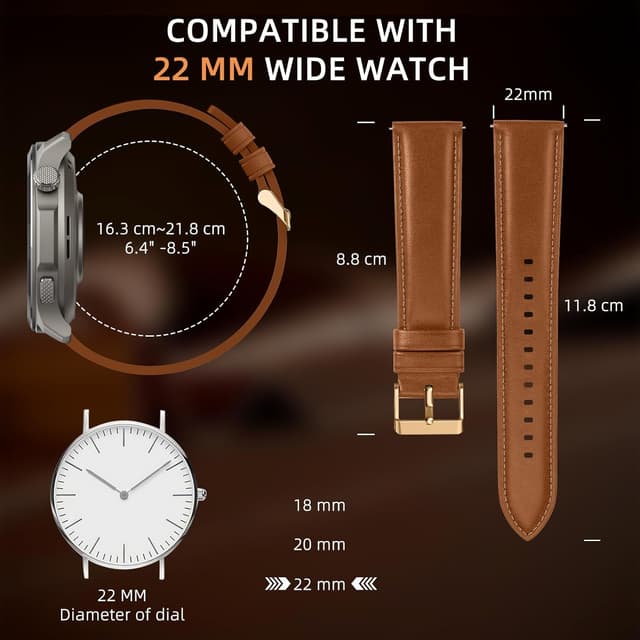 Detalle de LanQii Lederarmband (22 mm) für Amazfit Active Max, T-Rex 3 Pro & weitere Modelle, braun