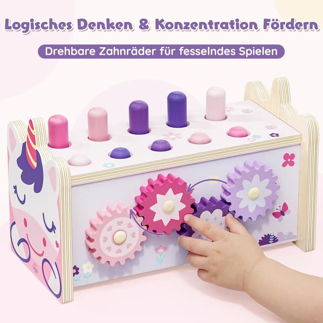 Detalle de Lehoo Castle Montessori Spielzeug ab 1 Jahr – Hammerspiel mit Xylophon & Zahnrädern (Holz) inkl. Aufbewahrung