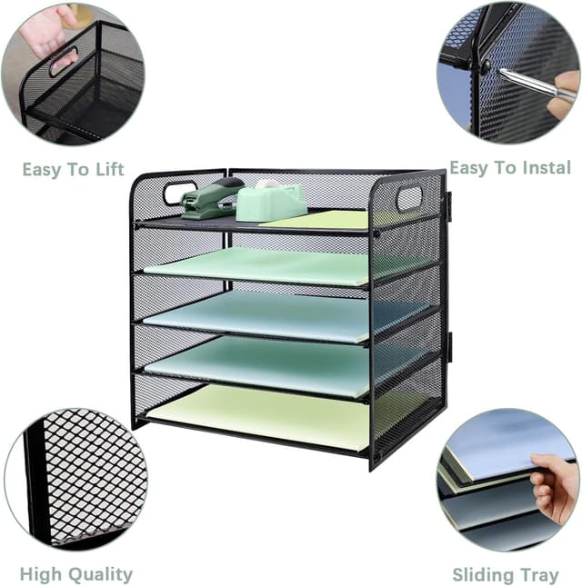 Detalle 2 de Paper Letter Tray with Handle (5-Tier Metal Mesh) A4 Desk File Organiser in Black