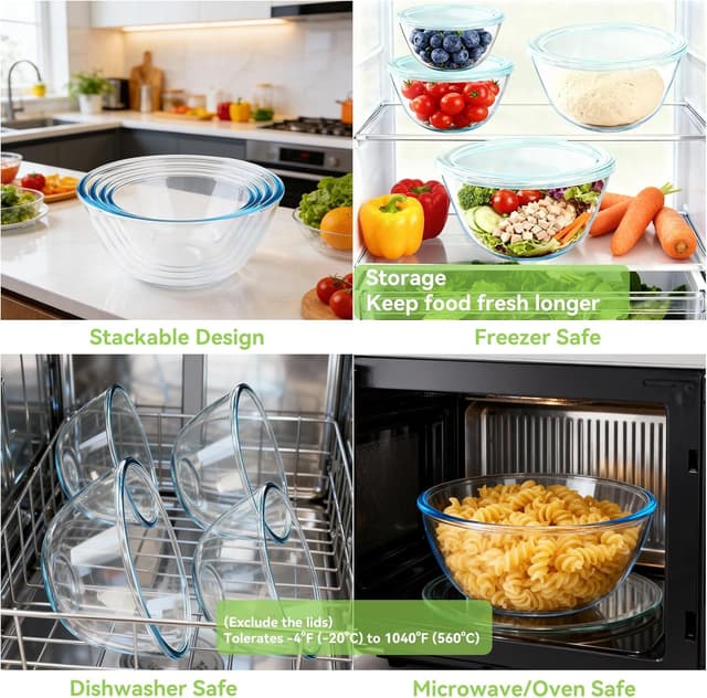 Detalle 2 de YUANYE 5 Pack Glass Mixing Bowls with Lids Set (5/2.5/1.5/0.9/0.6QT) with Nesting Design