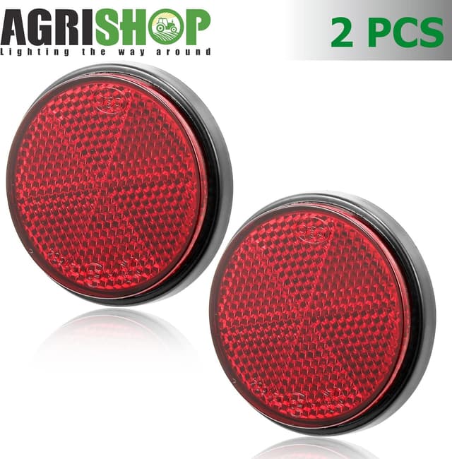 Detalle de AGRISHOP 2x Red Stick-On Round Reflectors (Ø60mm) for Gate Posts, Fences & Caravan Vehicles
