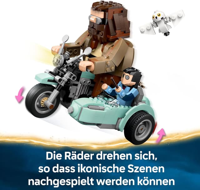 Detalle de LEGO Harry Potter 76443 „Hagrids und Harrys Motorradtour“ mit Motorrad, Beiwagen & Eule Hedwig