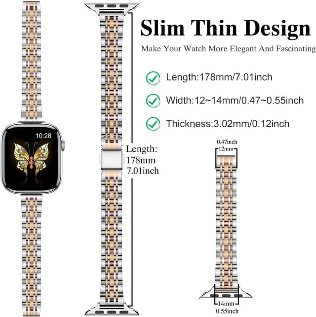 Detalle de MioHHR Slim Straps stainless steel metal chain band for Apple Watch (38/40/41/42mm) – Silver/Rose Gold