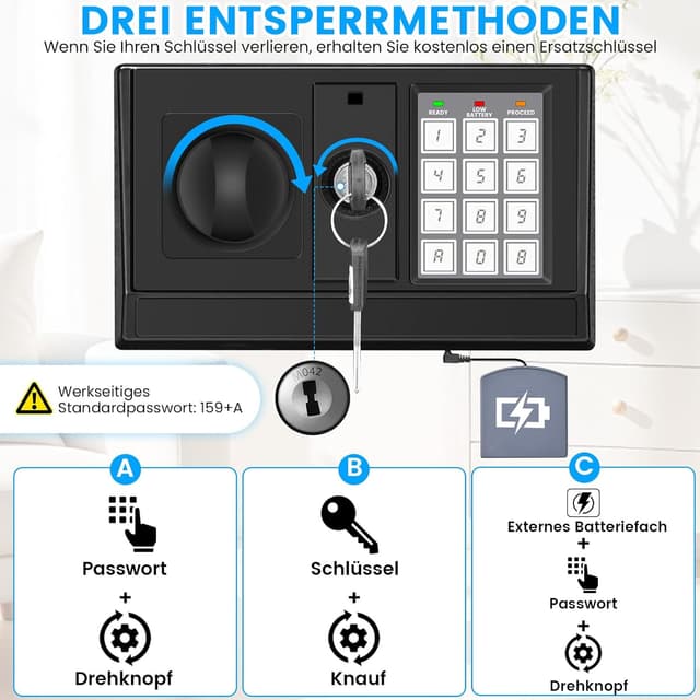 Detalle 2 de 80L Digitaler Safe Tresor für Zuhause mit Feuerfester Tasche, Alarm & Silent-Modus sowie externer Batteriebox
