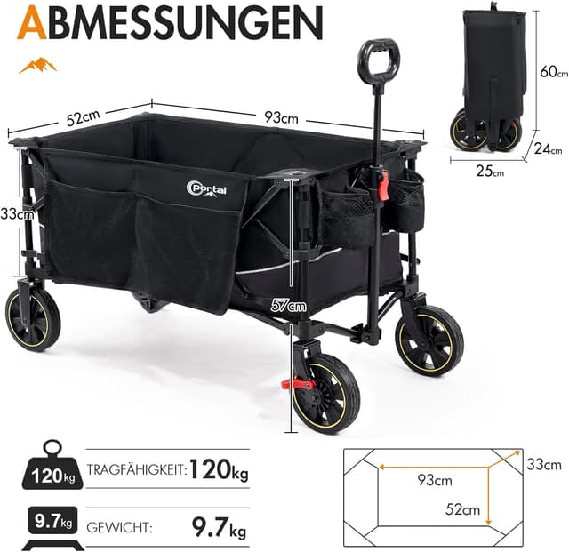 Detalle de Portal faltbarer Bollerwagen XXL mit 120 kg Tragfähigkeit, klappbar & Getränkehalter