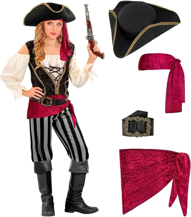 Detalle 2 de W WIDMANN MILANO Party Fashion Piratin-Kostüm Kinder, 6-teilig – mit Zubehör für Halloween & Karneval