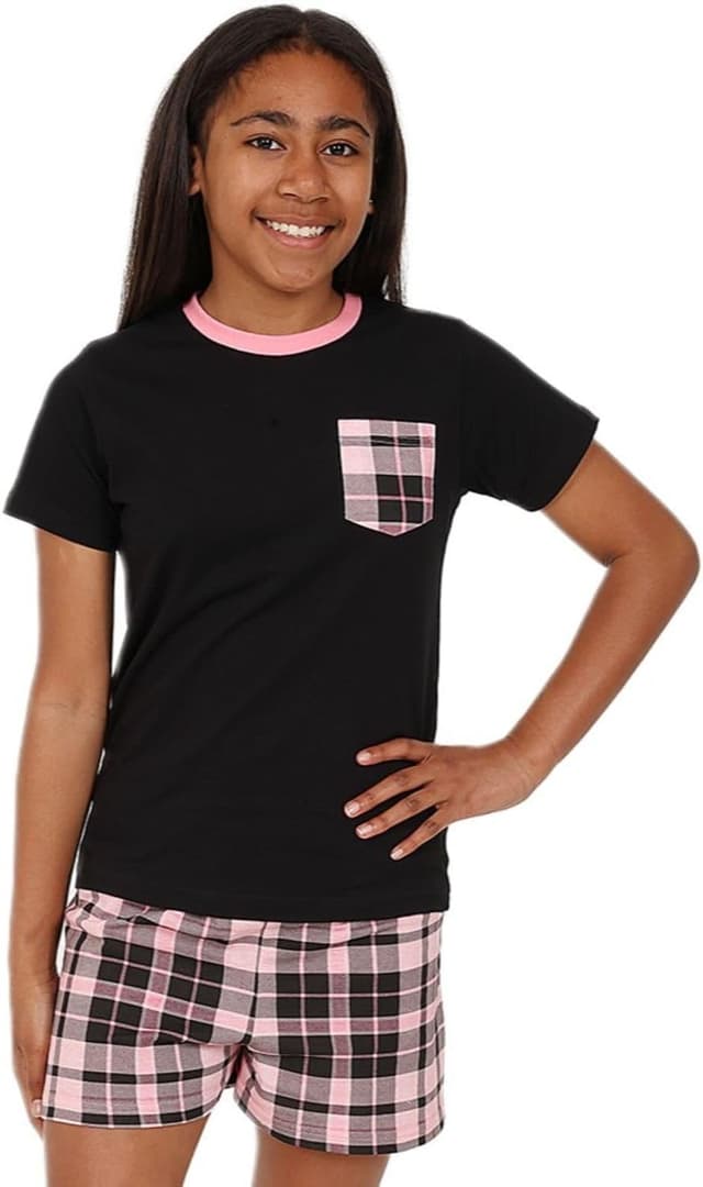 Detalle de ThePyjamaFactory girls black and pink tartan check short pyjama set